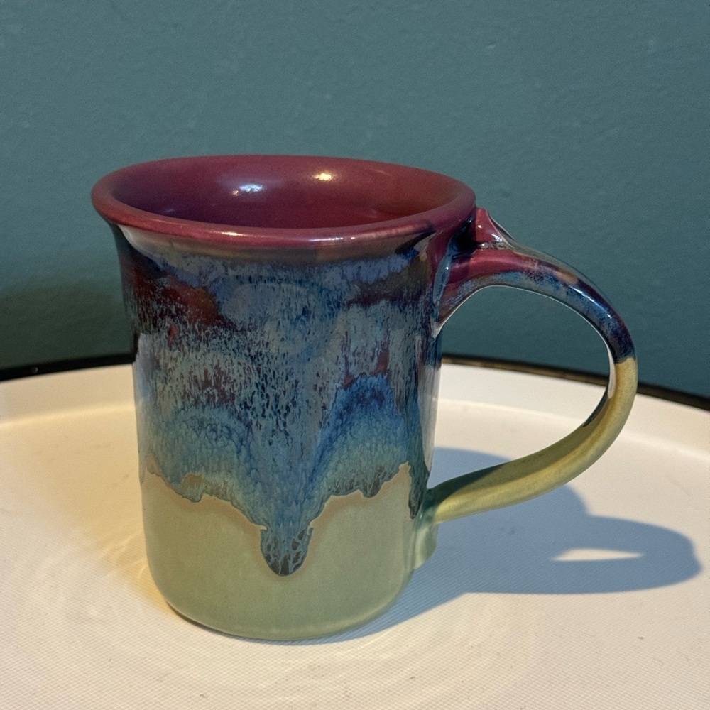 Neher Art Pottery Drip Glaze Mug, Blue Green And Purple, Signed 2011